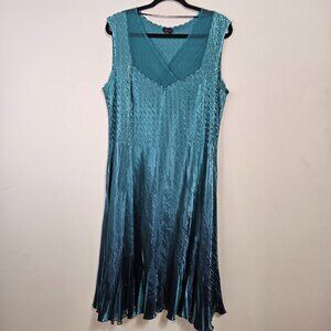 Komarov chiffon & charmeuse Pleated Crinkle Cocktail Dress Sz 2X Teal Blue